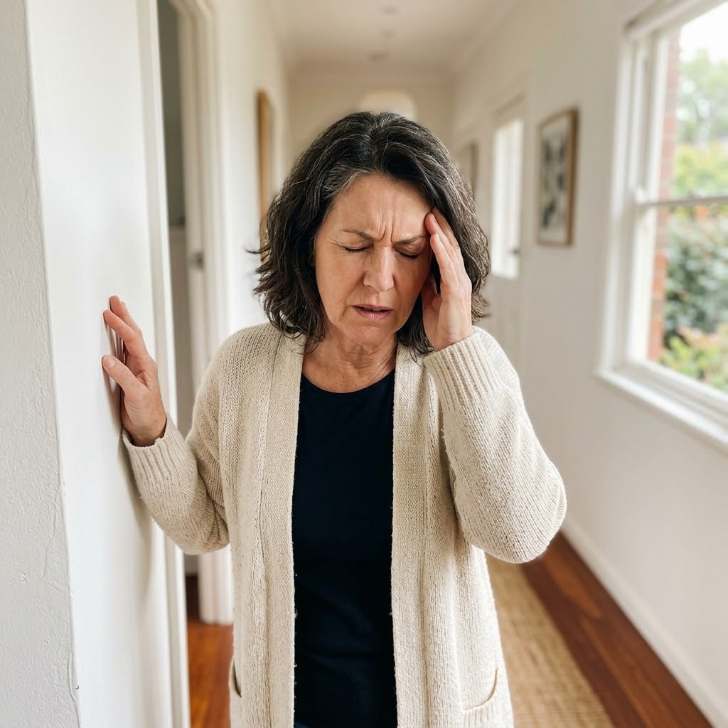Woman leaning on a wall holding her temple