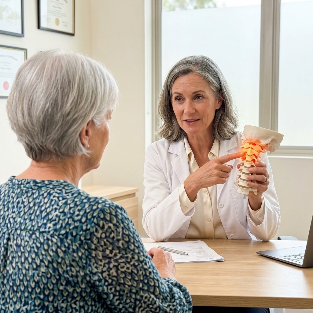Practitioner pointing at a cervical spine model