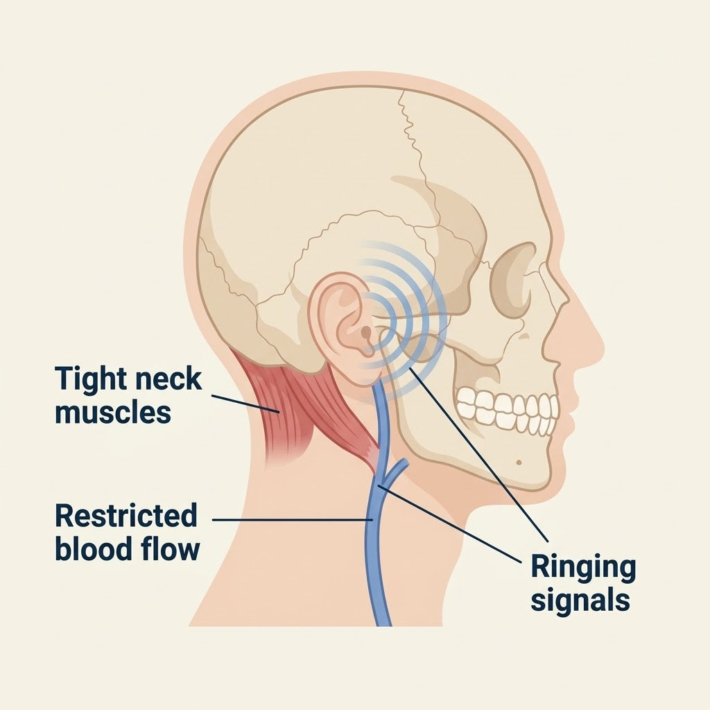 Illustration of tight neck muscles, restricted blood flow and ringing signals