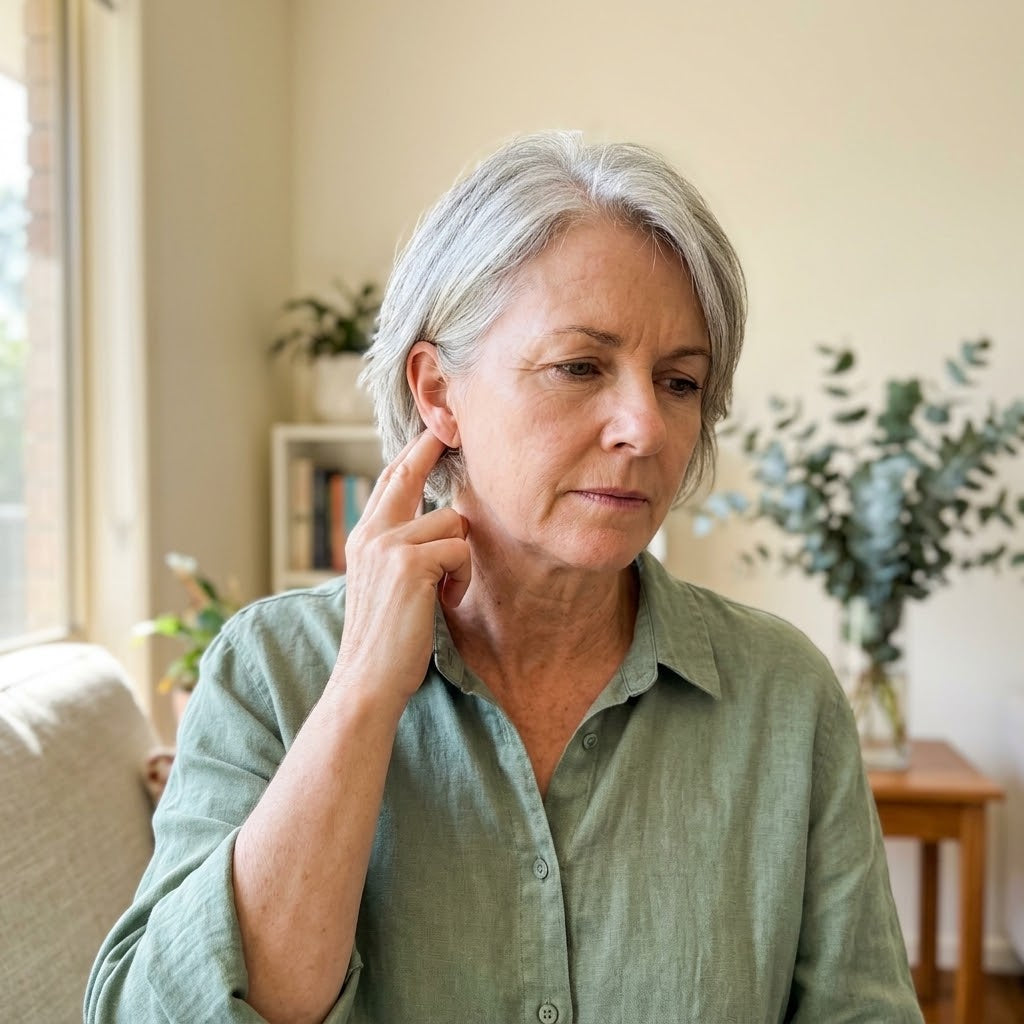 Woman pressing just behind her ear