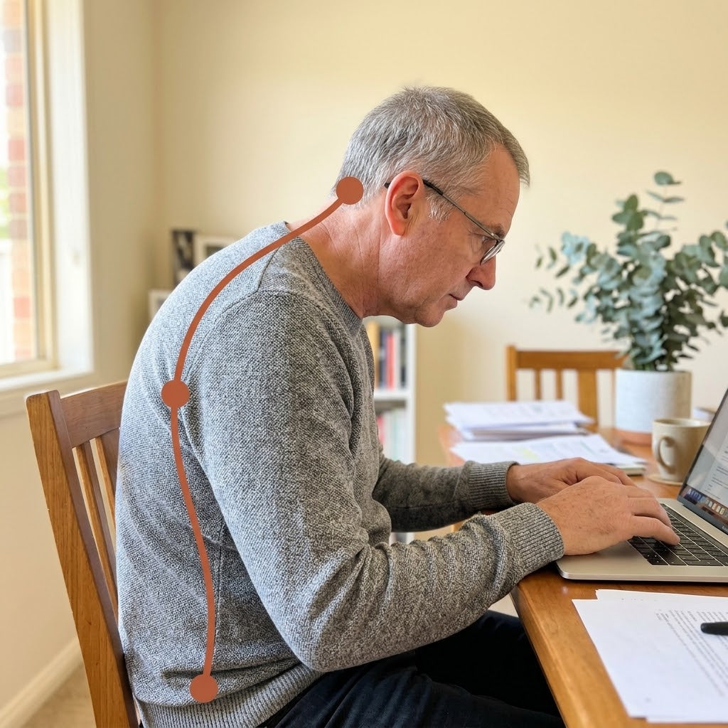 Man hunched over a laptop with the spine curve marked