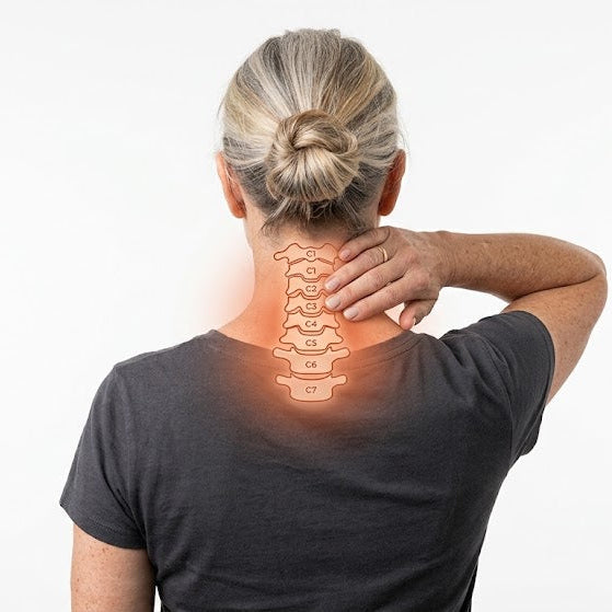 Woman holding the back of her neck with the cervical spine highlighted