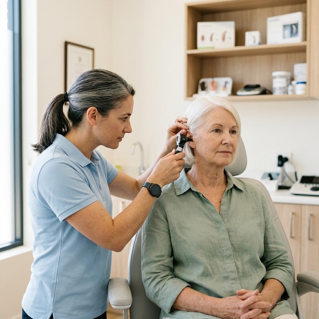 Audiologist checking a patient's ear
